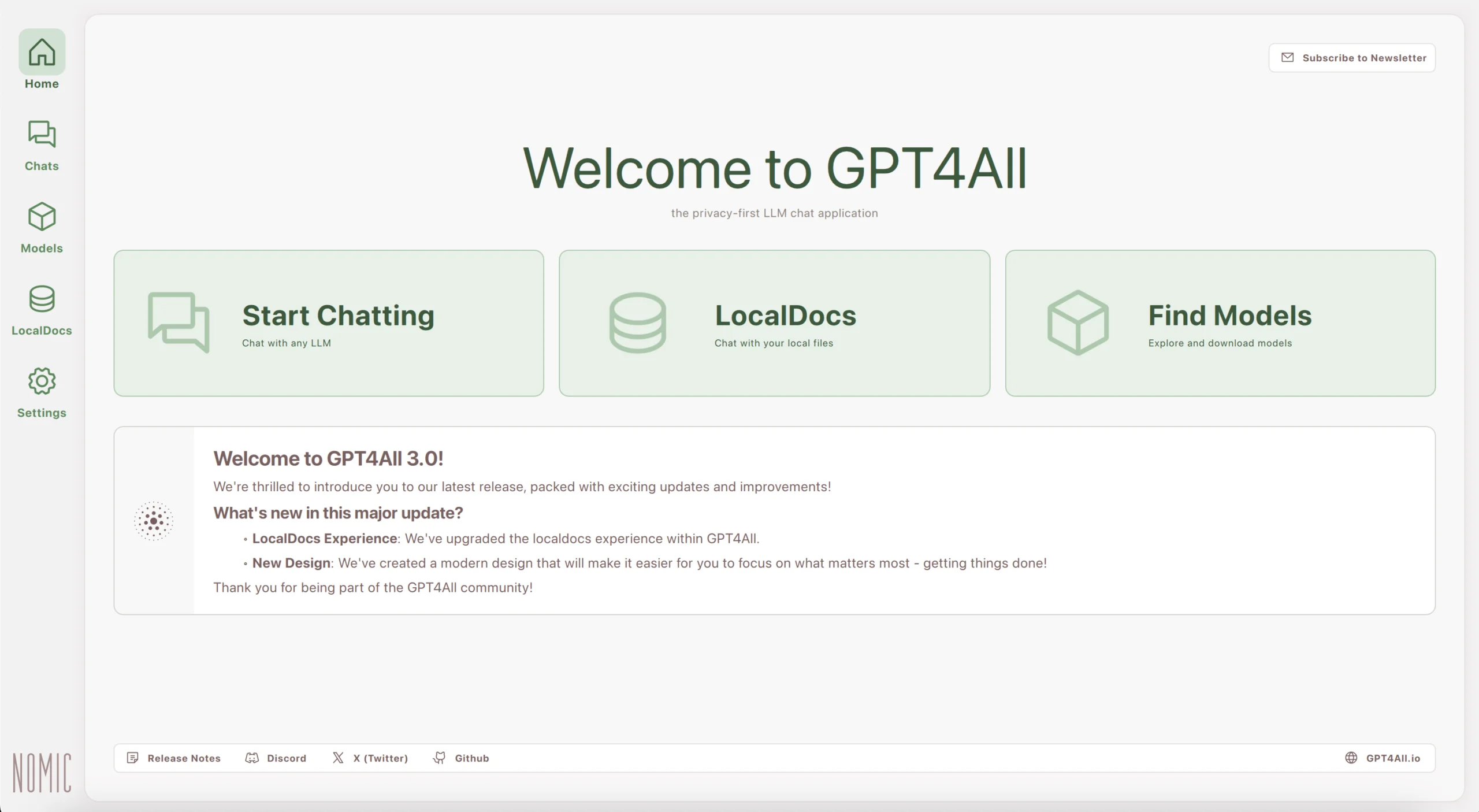 Tela inicial do GPT4All mostrando os recursos de conversa, LocalDocs e busca de modelos