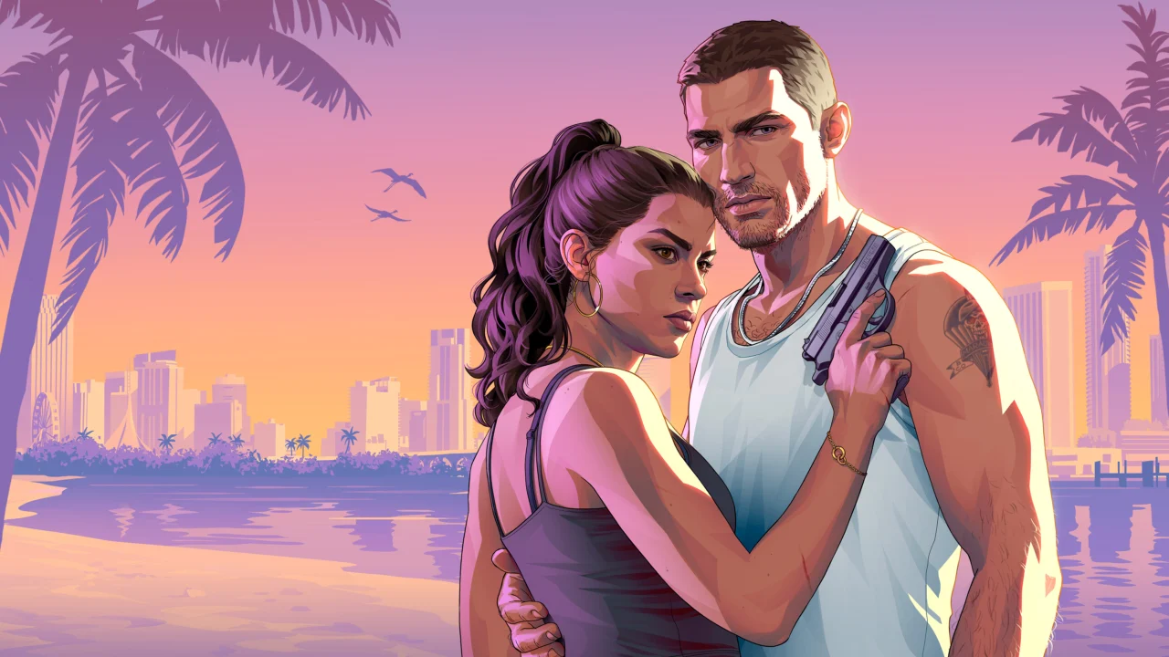 Arte oficial de GTA 6 mostra Lucia e Jason juntos diante da paisagem de Vice City