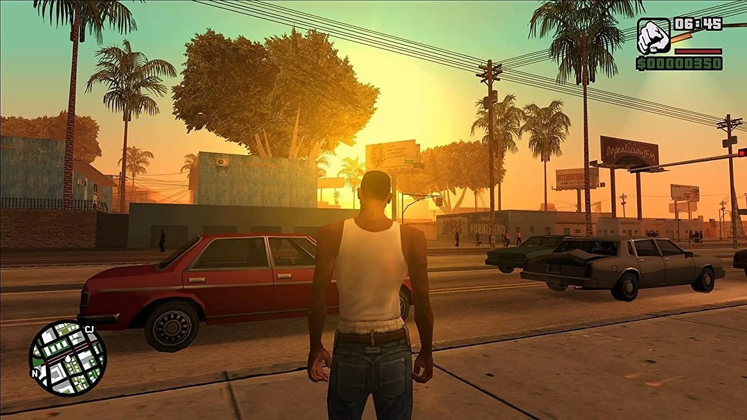 Carl Johnson visto de costas em uma rua de Los Santos ao amanhecer em GTA San Andreas
