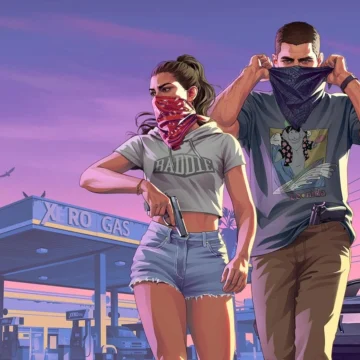 Lucia e Jason com bandanas em arte oficial de Grand Theft Auto VI