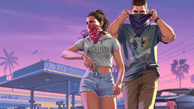 Lucia e Jason com bandanas em arte oficial de Grand Theft Auto VI