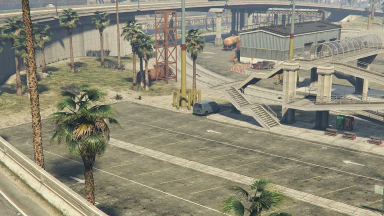 Gun Van estacionado perto de escadas industriais no estacionamento de Terminal em GTA Online em 13 de outubro