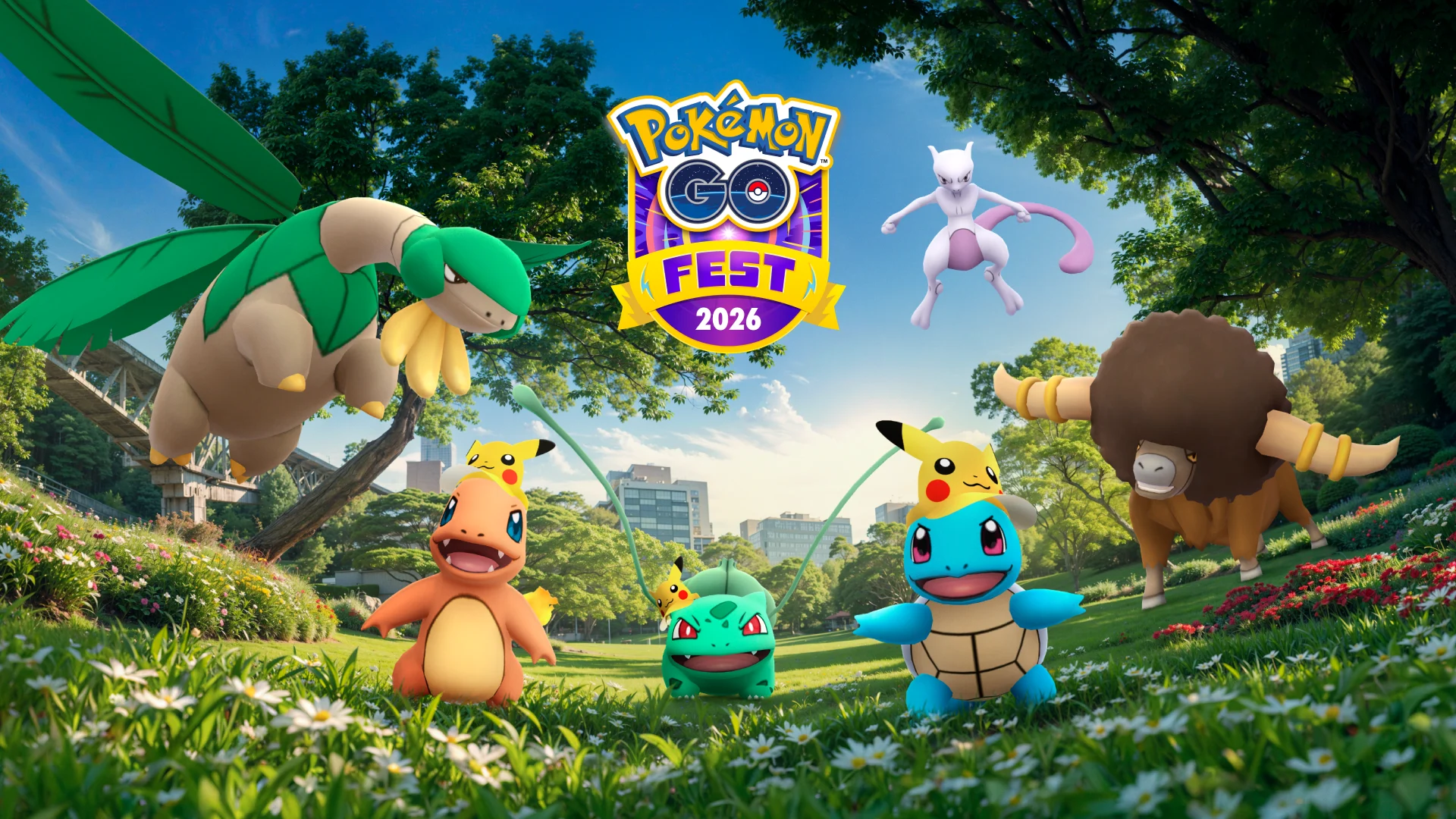 Arte oficial do Pokémon GO Fest 2026 com Pokémon em um parque