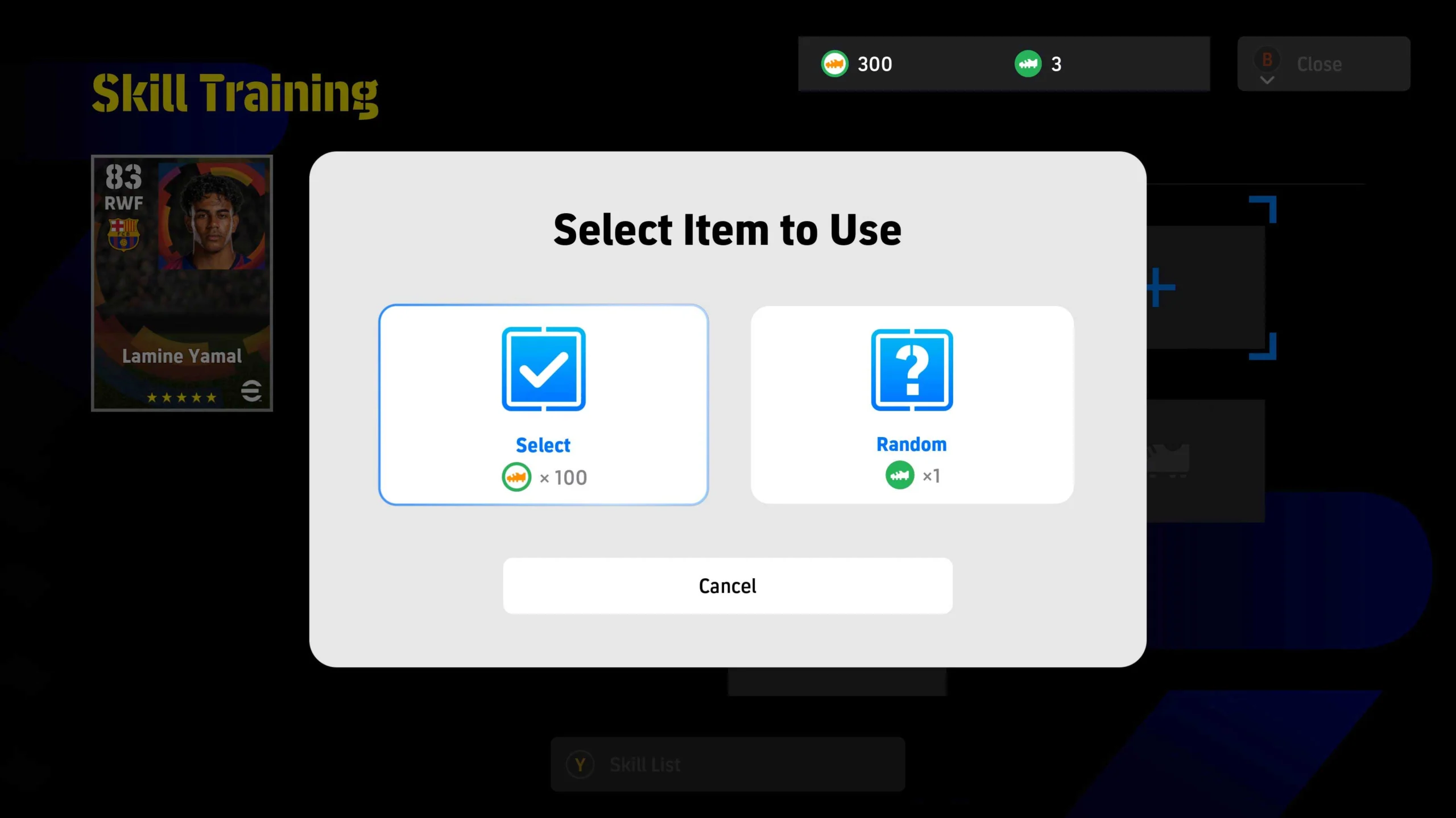 Menu oficial de treinamento de habilidades com seleção por 100 tokens e opção aleatória