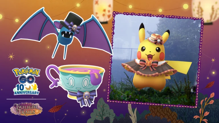 Pikachu, Zubat e Sinistea com trajes de Halloween em arte oficial de Pokémon GO