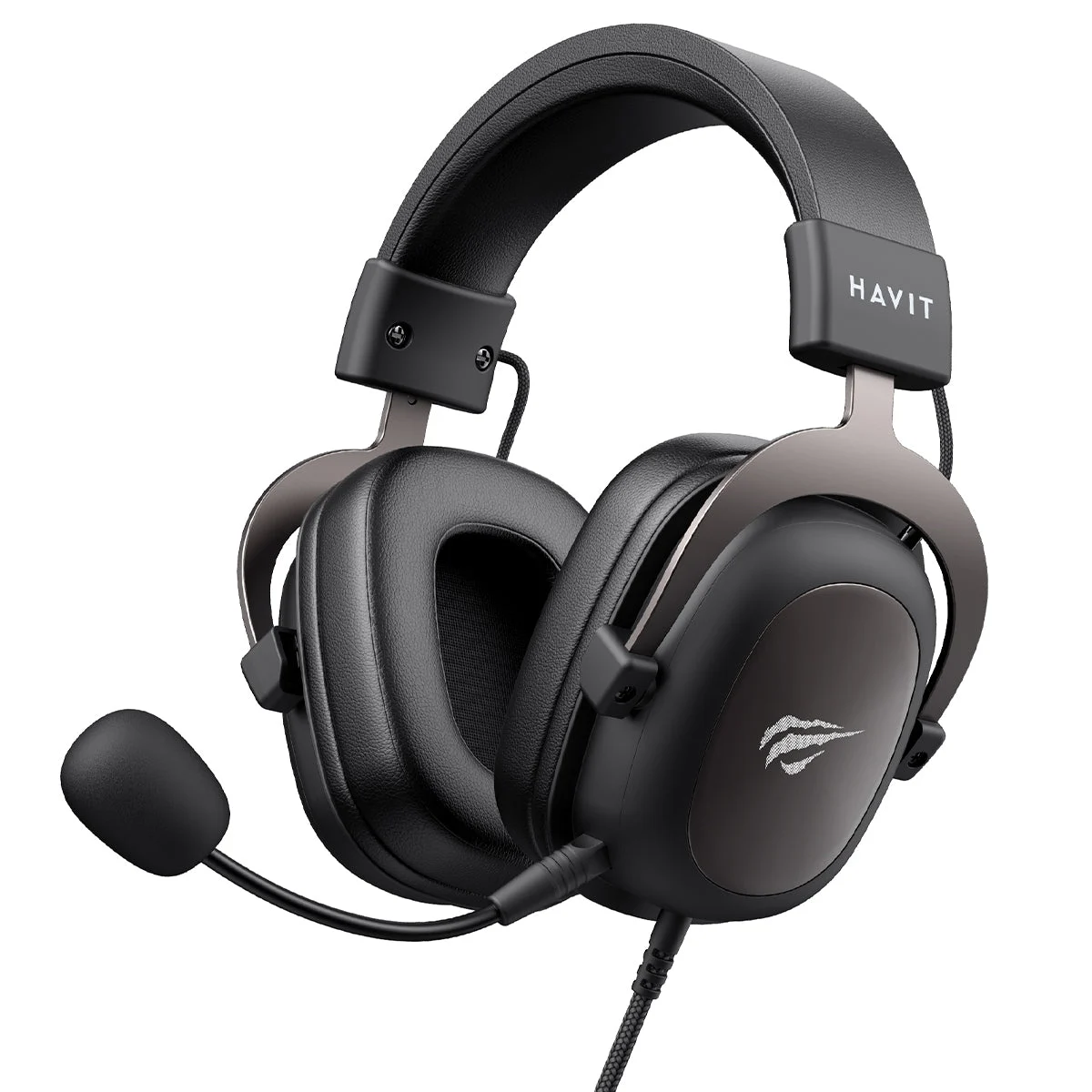 Havit H2002D preto com microfone de haste e cabo, em fundo branco.