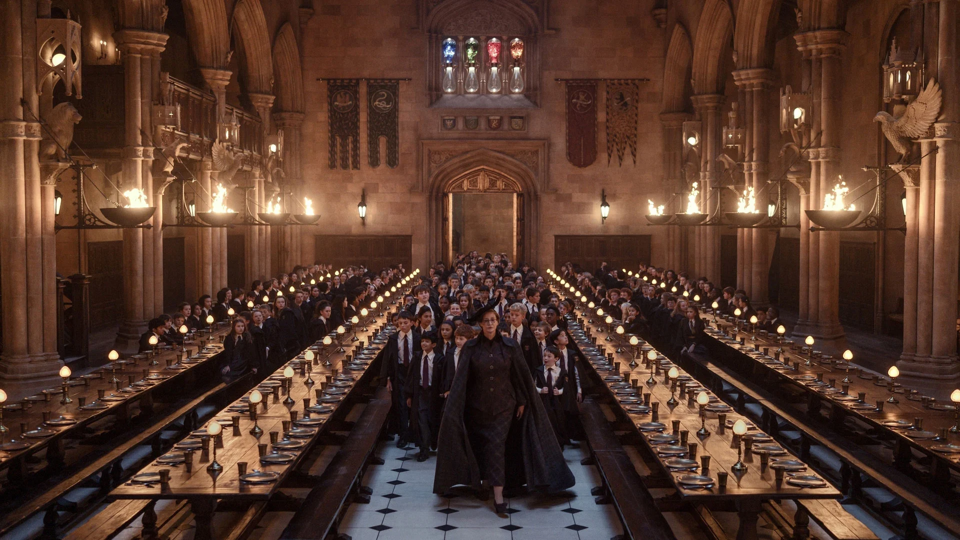 Minerva McGonagall conduz os novos estudantes pelo Salão Principal de Hogwarts na série Harry Potter da HBO