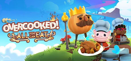 Cozinheiros preparando pratos em uma cozinha caótica de Overcooked All You Can Eat