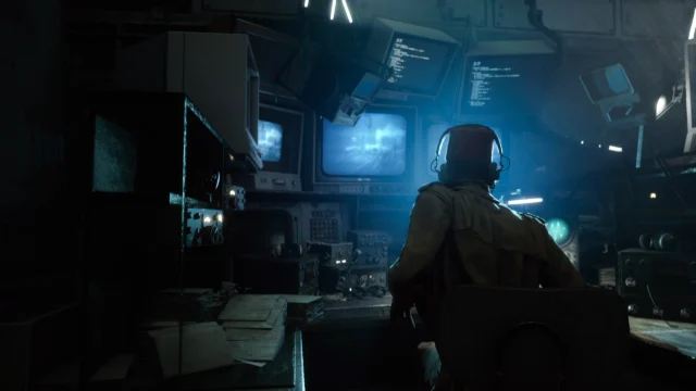 Combatente observa uma transmissão em um monitor, em uma sala escura iluminada por telas azuis.