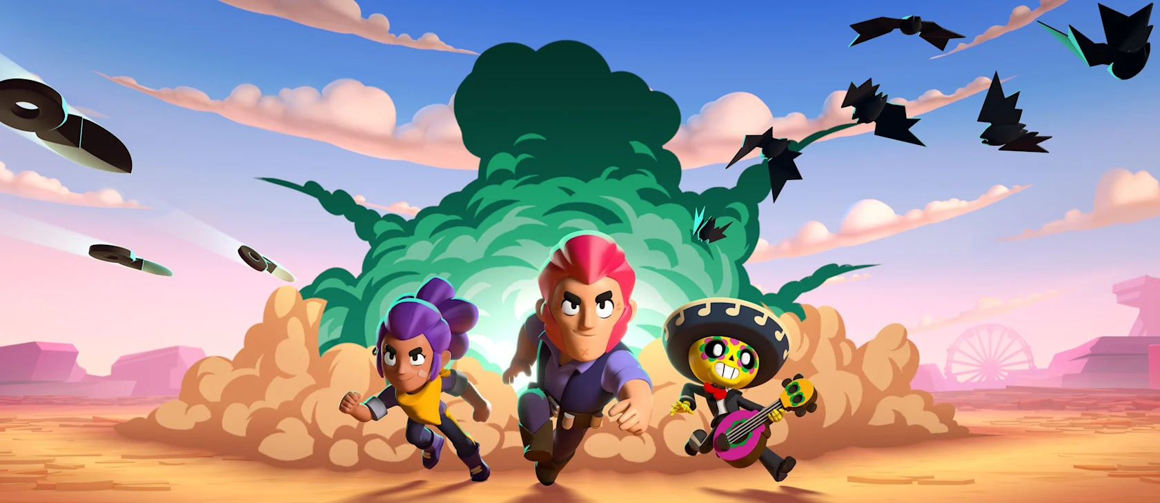 Personagens de Brawl Stars correndo em direção à câmera