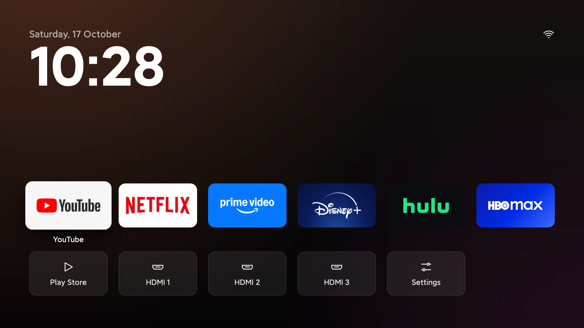 Tela inicial do TV Detox com atalhos para YouTube, Netflix, Prime Video e entradas HDMI