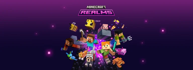 Steve, Alex e criaturas de Minecraft saem de um portal roxo na arte de Minecraft Realms