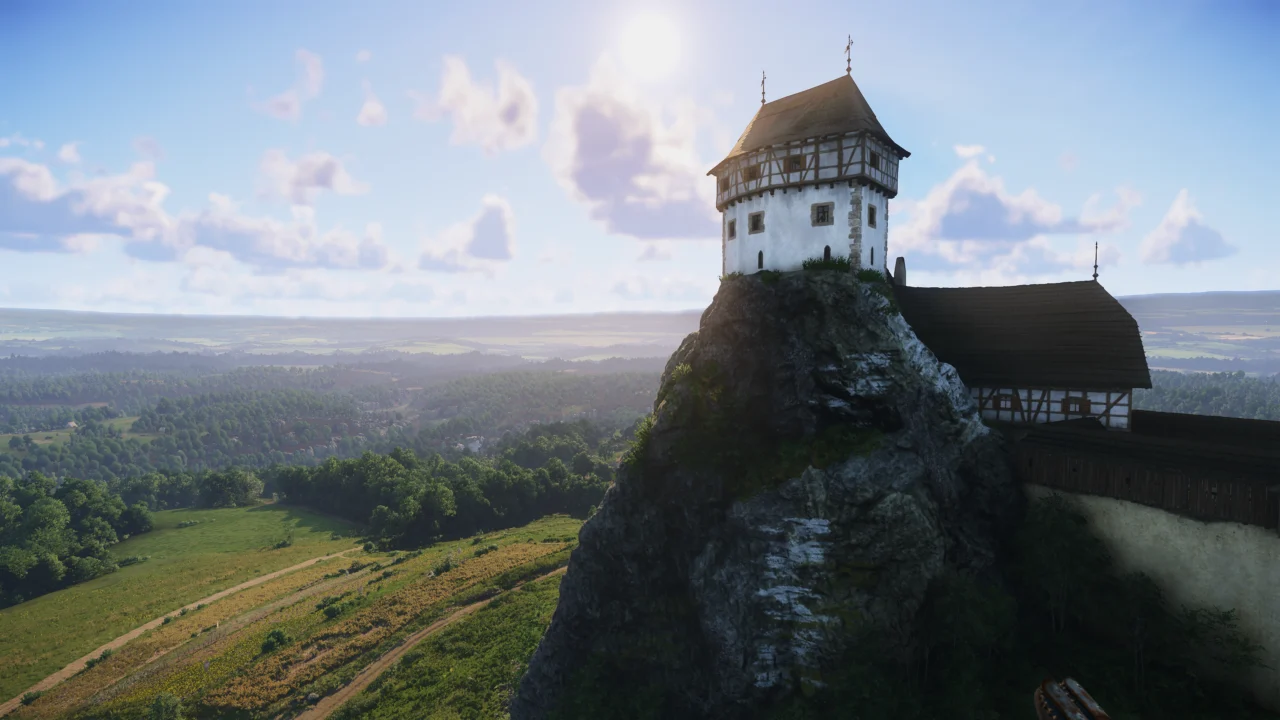Castelo e paisagem medieval de Kingdom Come Deliverance 2, jogo desenvolvido pela Warhorse Studios