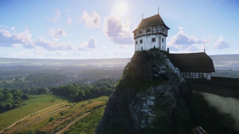 Castelo e paisagem medieval de Kingdom Come Deliverance 2, jogo desenvolvido pela Warhorse Studios
