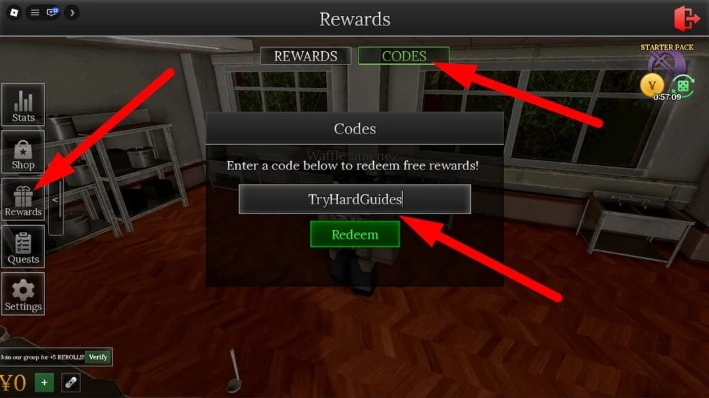 Tela do menu Rewards de Anime High School RP com a aba Codes, campo de digitação e botão Redeem destacados