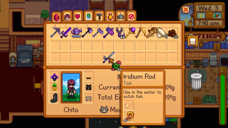 Inventário de Stardew Valley mostrando uma Vara de Irídio com um pacote de iscas equipado