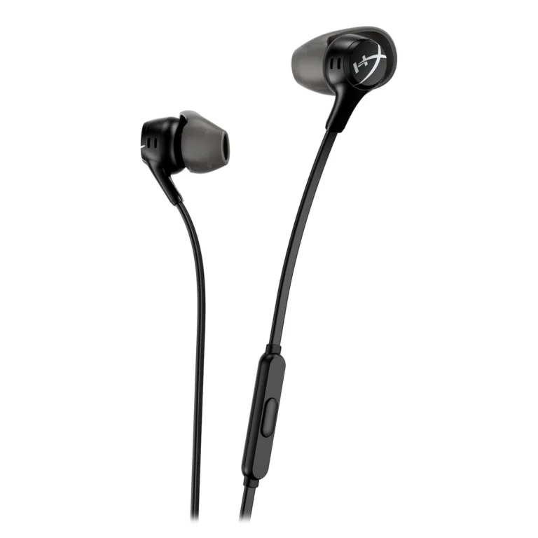Fones HyperX Cloud Earbuds II pretos, com microfone integrado ao cabo.