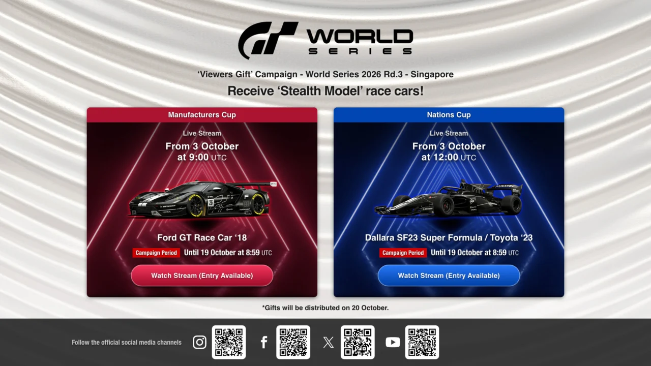 Tela promocional da campanha de espectadores de Gran Turismo 7 com o Ford GT Race Car e o SF23 Super Formula nas versões Stealth