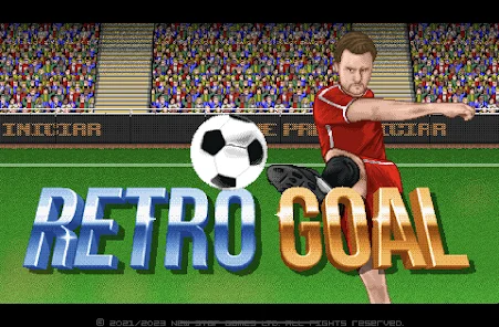 Tela de Retro Goal com jogador de uniforme vermelho e texto retro Goal em pixel art