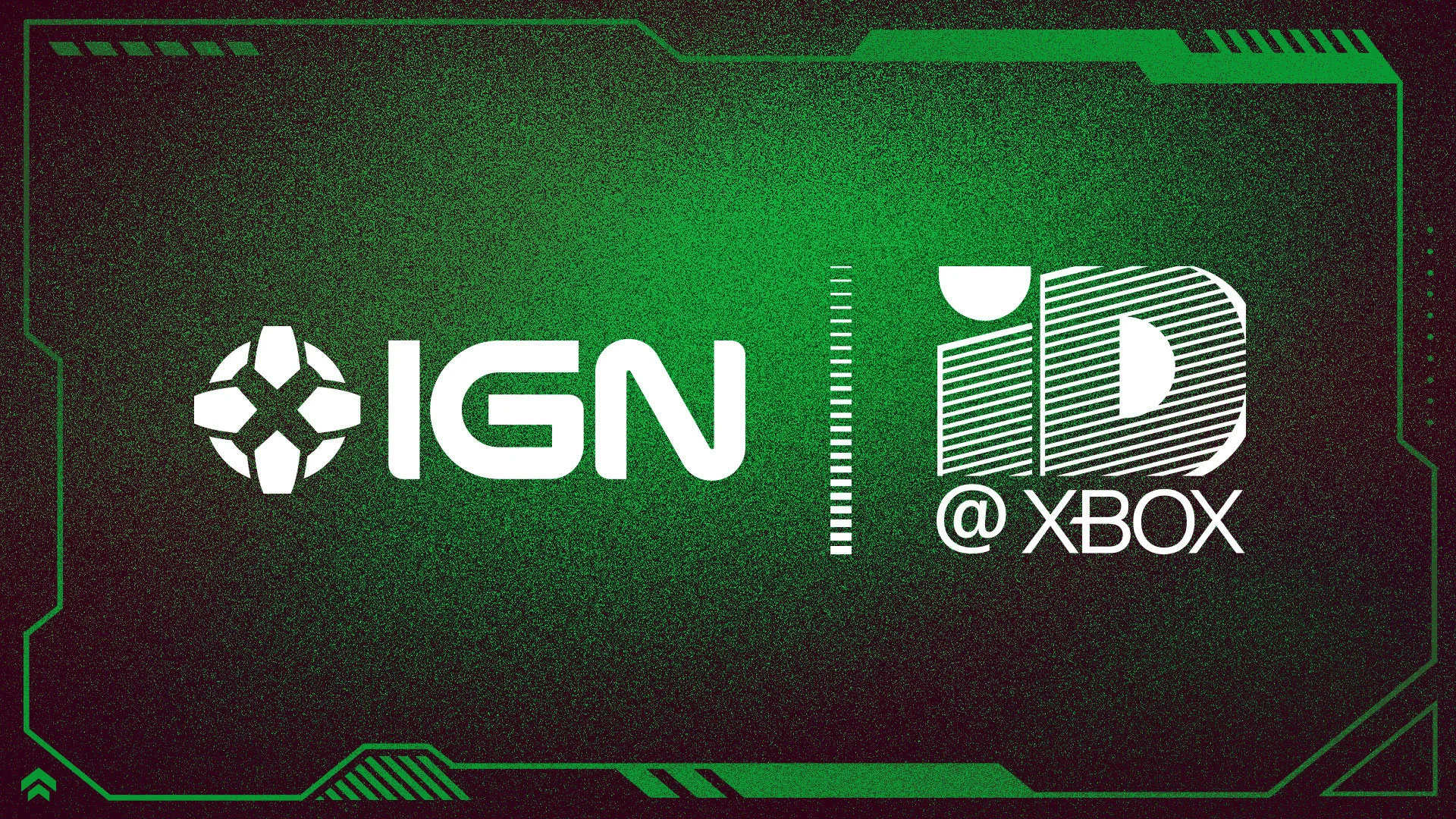 Arte institucional do ID@Xbox Showcase com as identidades visuais do Xbox e da IGN sobre fundo verde