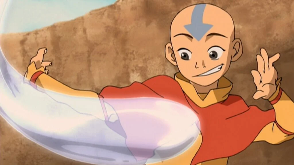 Aang utiliza a dobra de ar em uma cena da série animada Avatar: A Lenda de Aang