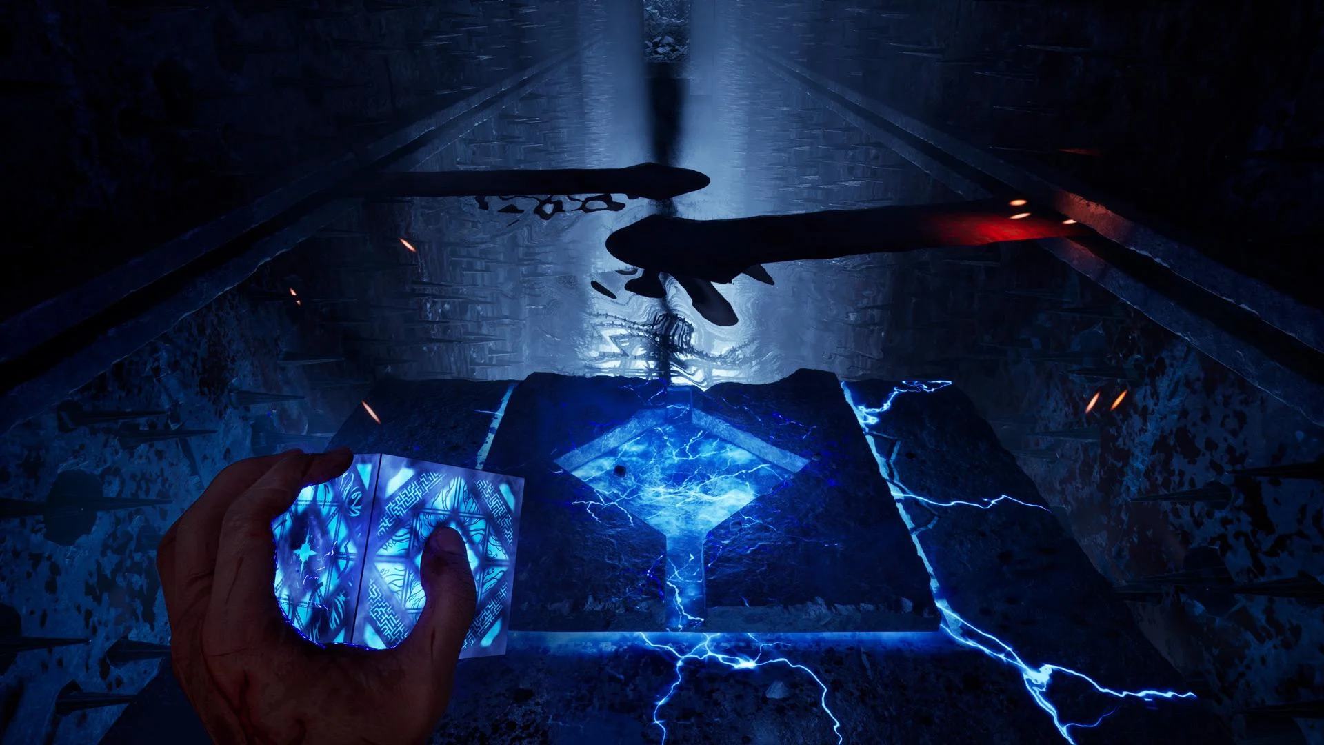 Jogabilidade em primeira pessoa mostra Aidan usando a Configuração Gênese e energia azul para manipular o ambiente de Hellraiser Revival