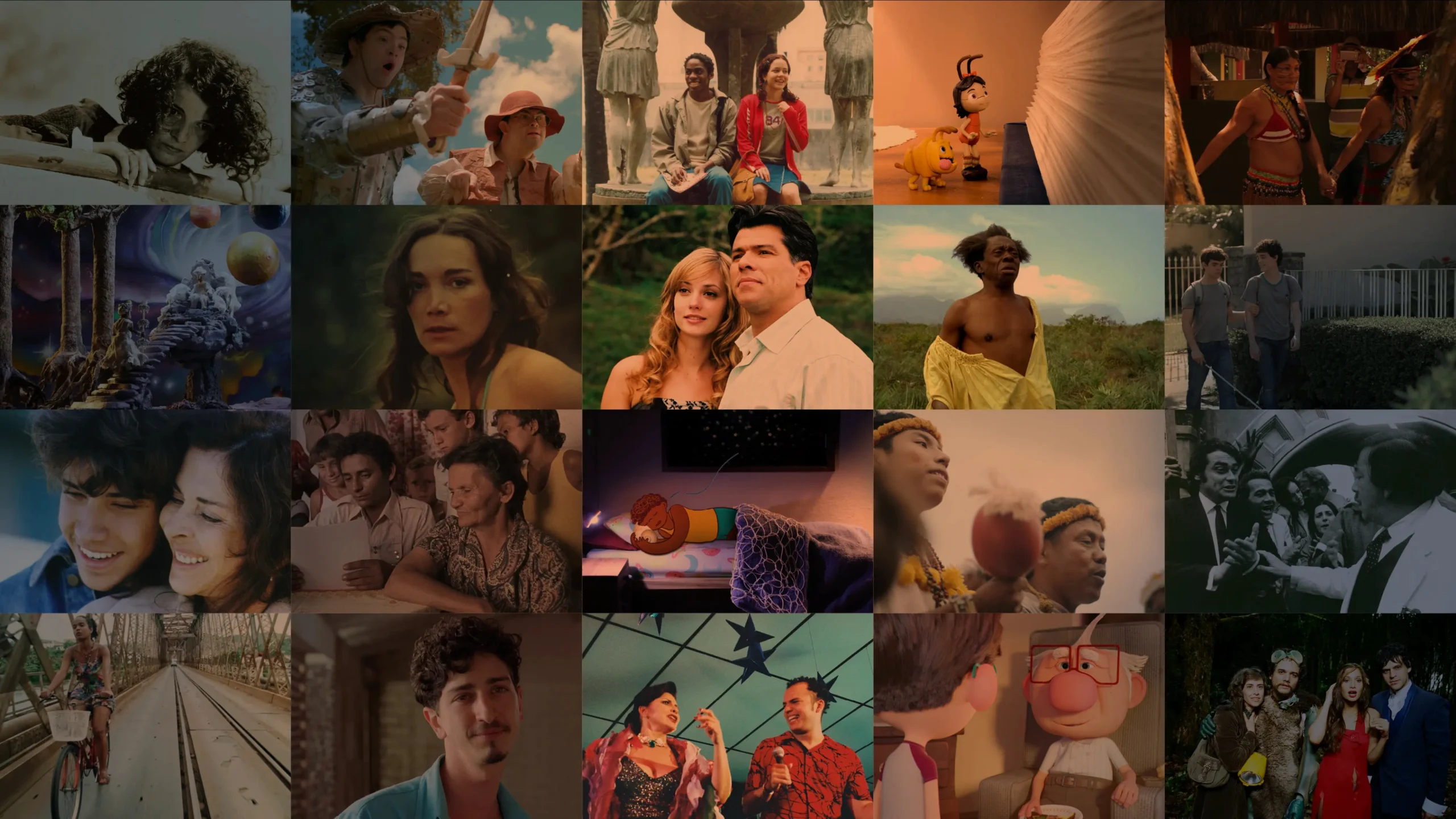 Mosaico com cenas de filmes e animações no site da Itaú Cultural Play