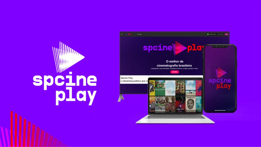 Divulgação da Spcine Play com interface do serviço em celular, computador e televisão
