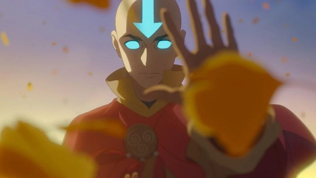 Aang adulto aparece utilizando o Estado Avatar no filme animado de 2026