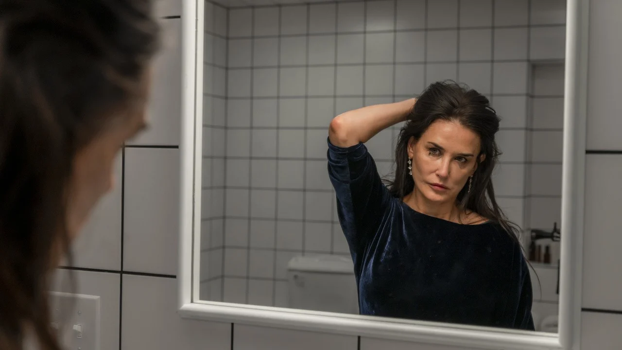Demi Moore como Elisabeth Sparkle observando o próprio reflexo no espelho em A Substância