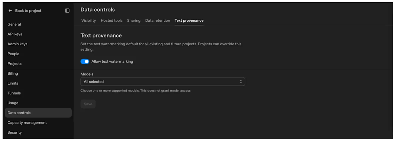 Painel da API da OpenAI com opção para permitir marca d’água em textos e selecionar modelos