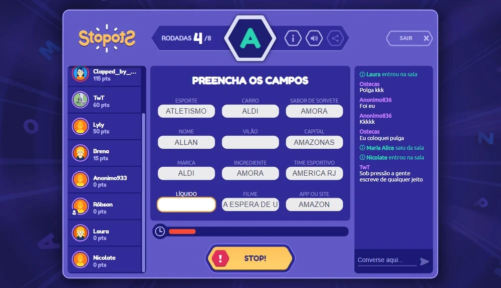StopotS mostra rodada com a letra A, lista de participantes, categorias, respostas e botão STOP.