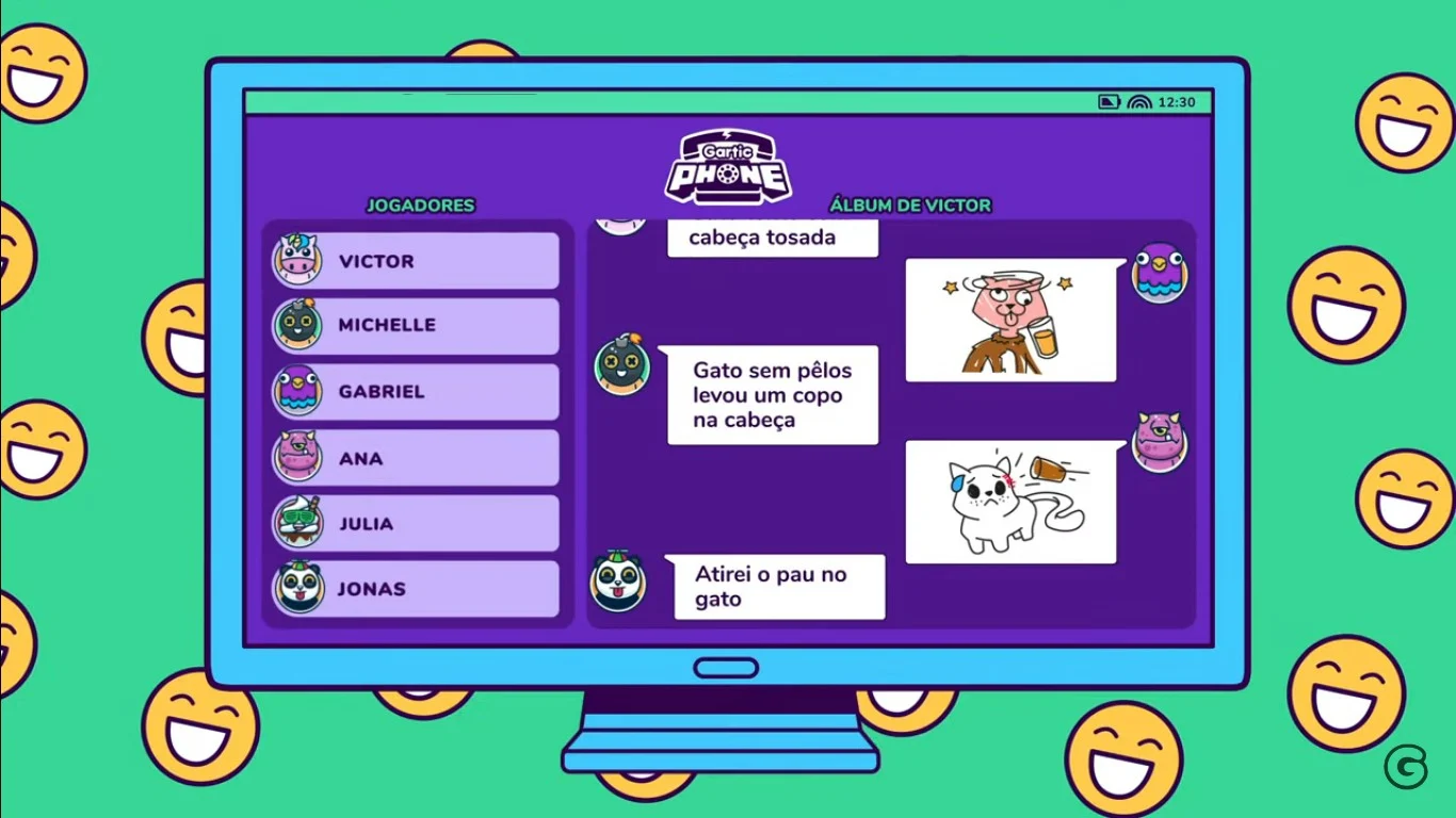 Gartic Phone mostra uma sequência de frases e desenhos criados por participantes na partida.