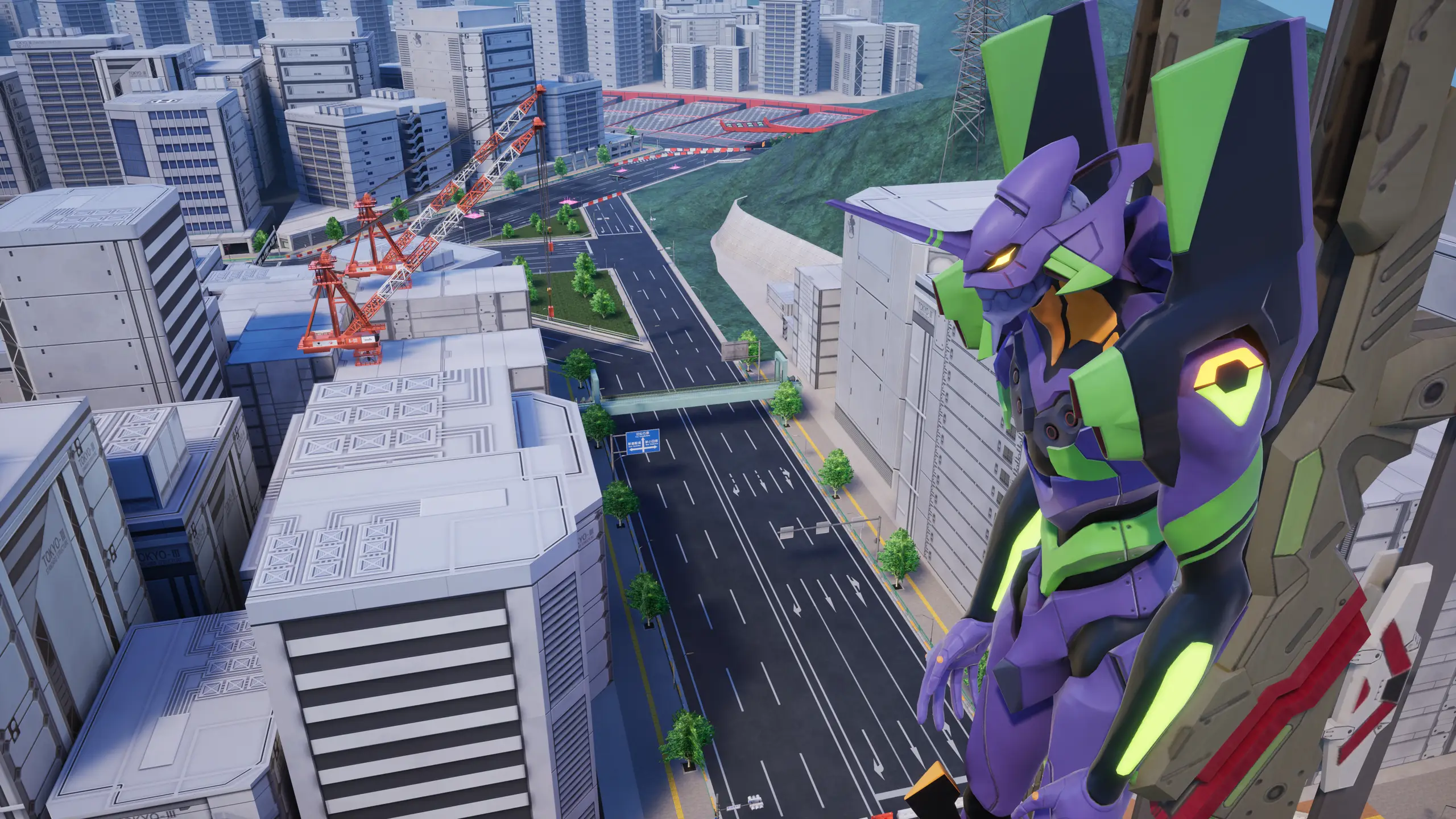EVA-01 aparece na pista urbana Tokyo-III do pacote Evangelion de Sonic Racing CrossWorlds