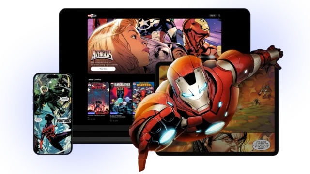 Arte oficial do Marvel Comics powered by WEBTOON com Homem de Ferro e prévias da leitura de HQs em diferentes dispositivos