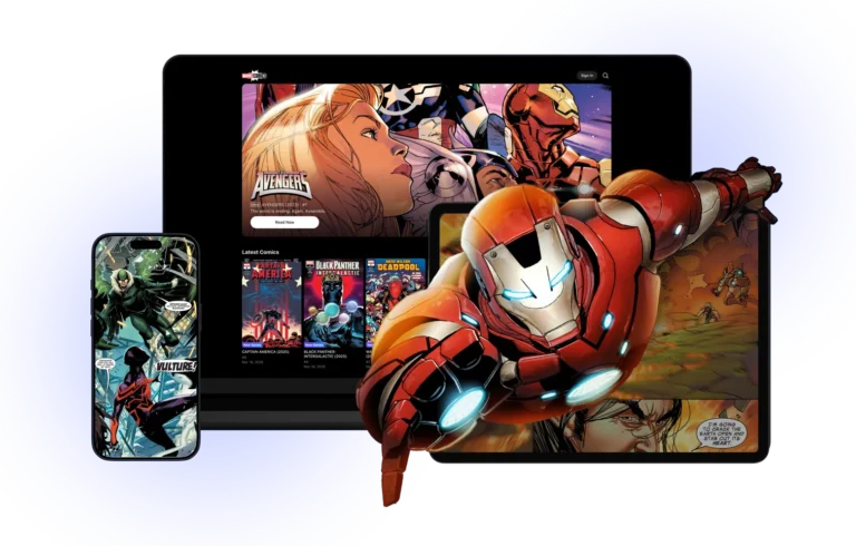 Arte oficial do Marvel Comics powered by WEBTOON com Homem de Ferro e prévias da leitura de HQs em diferentes dispositivos