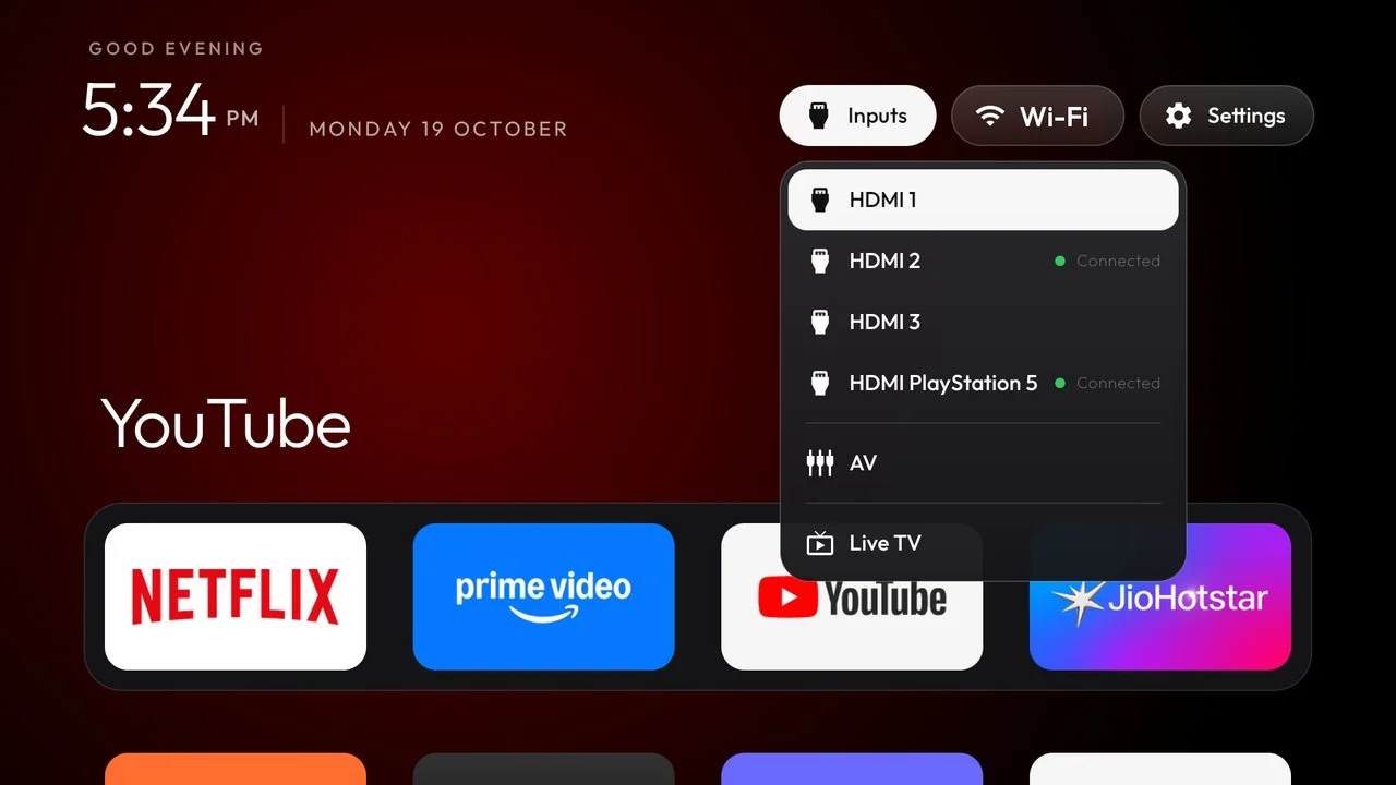 Exemplo de launcher CleanYourTV com menu para alternar entre entradas HDMI, AV e TV ao vivo