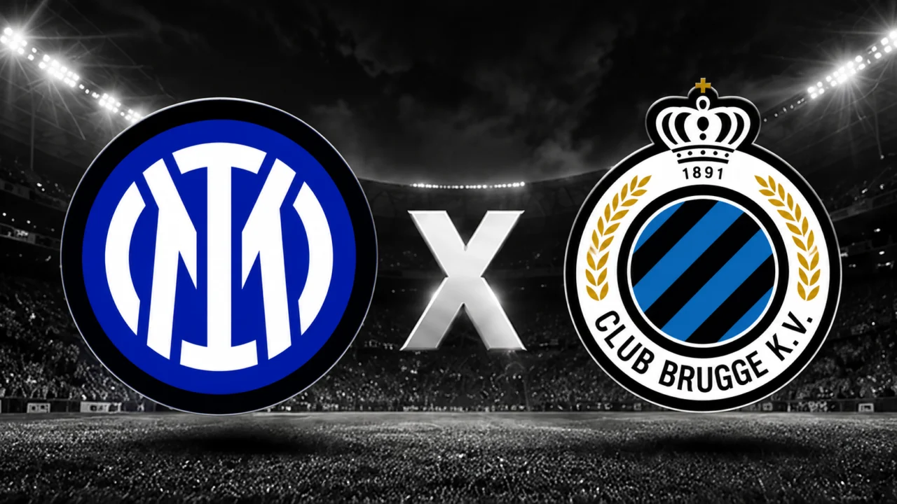 Escudos da Inter de Milão e do Club Brugge separados por um X em um estádio iluminado.