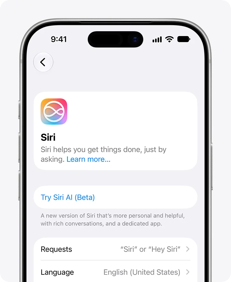 Tela de ajustes da Siri no iPhone com a opção para experimentar a Siri AI Beta