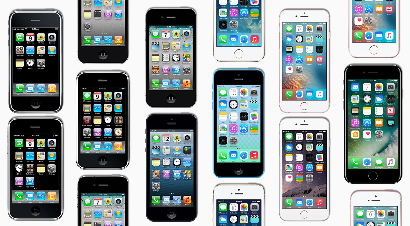 Composição com diferentes gerações do iPhone durante os primeiros dez anos da linha