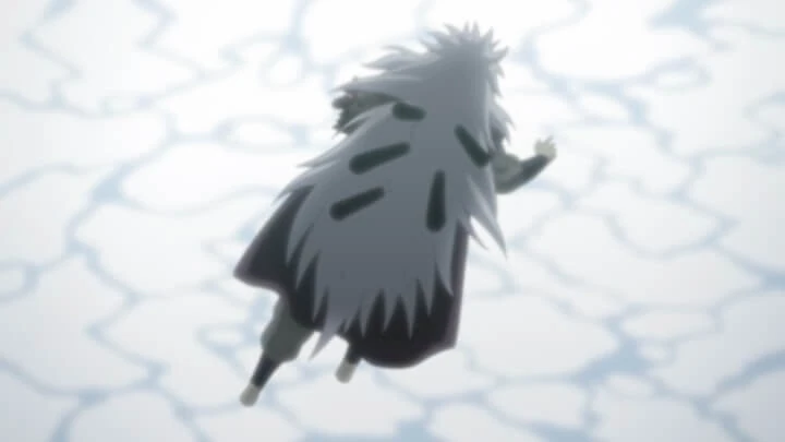Jiraiya afunda na água na sequência final de sua luta contra Pain