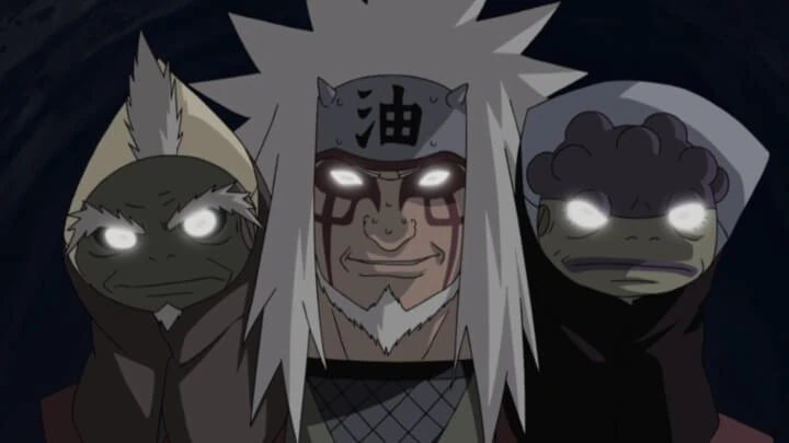 Jiraiya no Modo Sábio com Fukasaku e Shima sobre os ombros