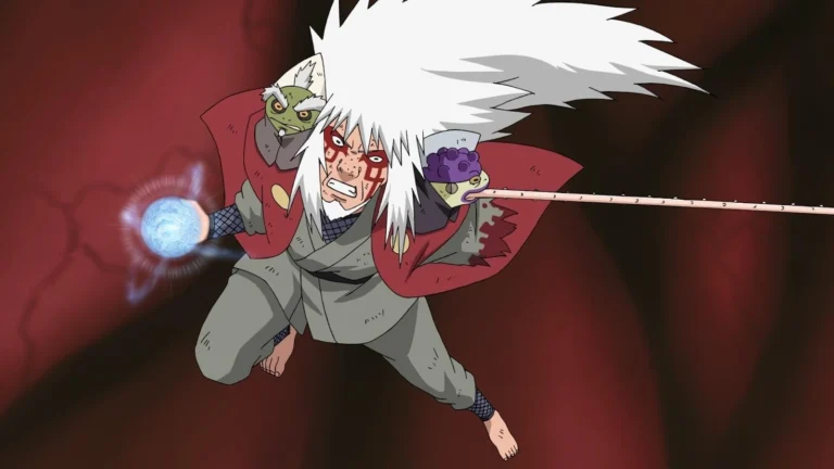 Jiraiya com Rasengan durante a luta contra Pain na Vila da Chuva