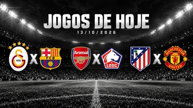 Escudos de Galatasaray, Barcelona, Arsenal, Lille, Atlético de Madrid e Manchester United em arte dos jogos de 13 de outubro de 2026.