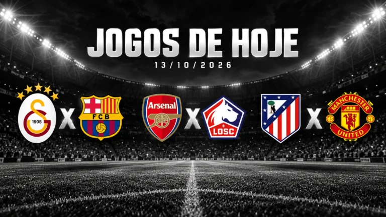 Escudos de Galatasaray, Barcelona, Arsenal, Lille, Atlético de Madrid e Manchester United em arte dos jogos de 13 de outubro de 2026.