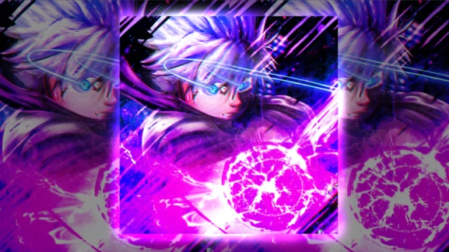 Arte promocional de Jujutsu Zero com personagem de cabelo branco e energia roxa