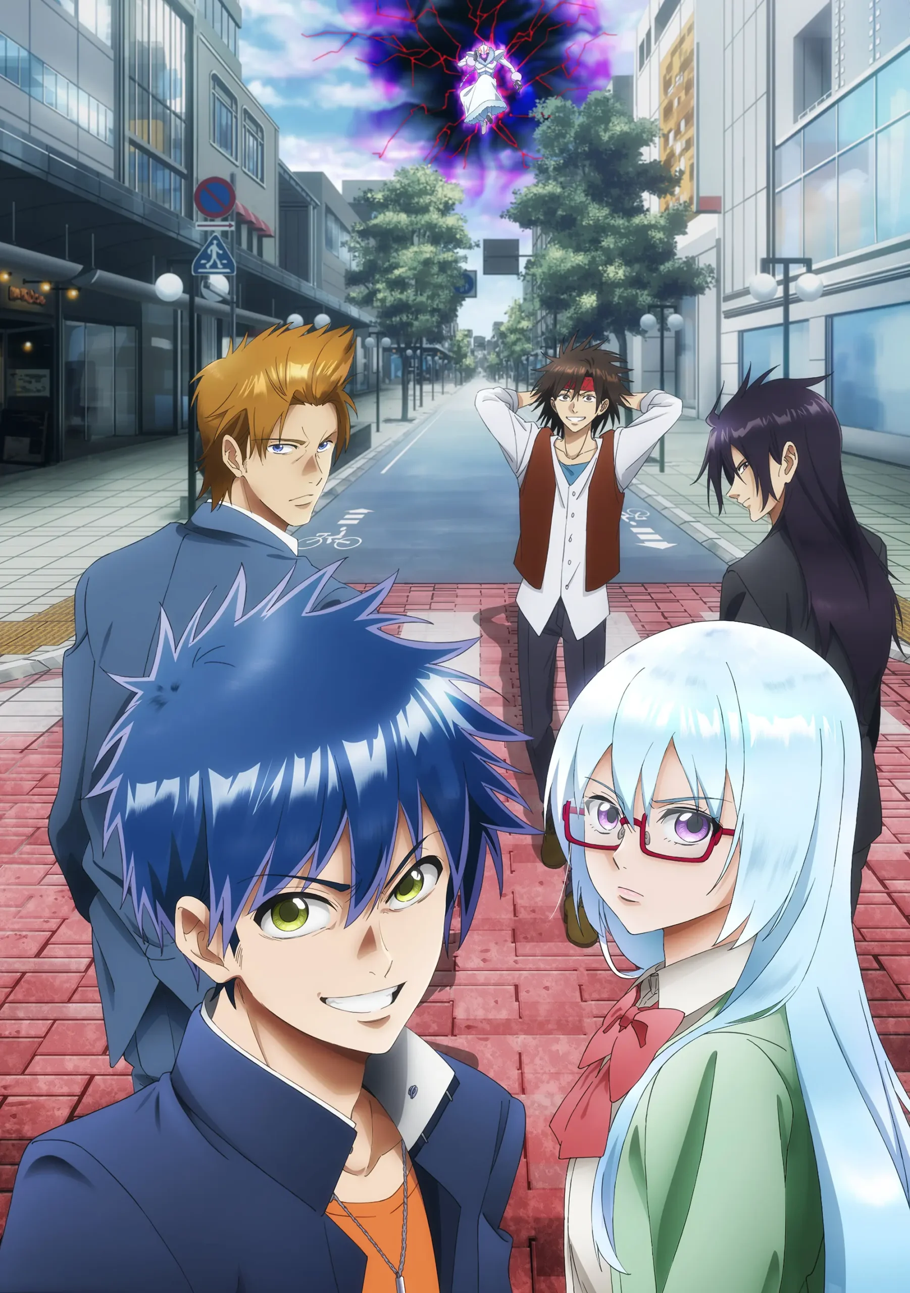 Ageha Yoshina, Sakurako Amamiya e outros personagens do anime PSYREN em uma rua japonesa, com uma presença sobrenatural no céu