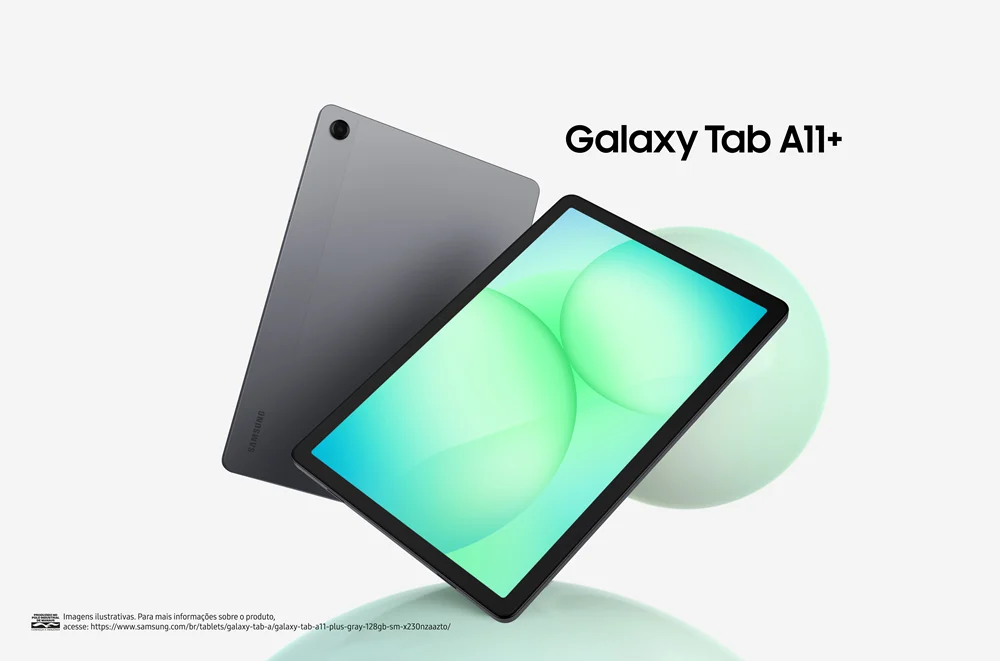 Galaxy Tab A11+ cinza mostrando a tela e a parte traseira do tablet Samsung