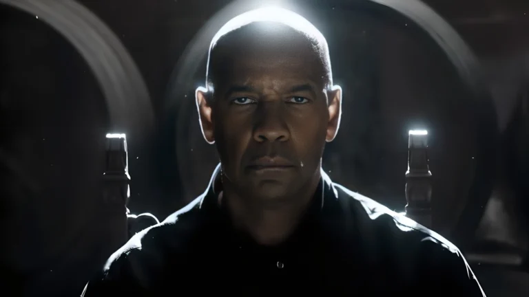 Denzel Washington como Robert McCall, sentado e olhando à frente em O Protetor: Capítulo Final