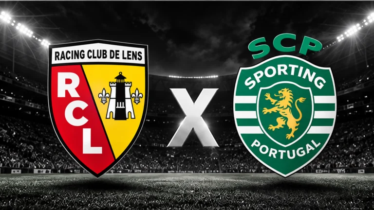 Escudos do Lens e do Sporting separados por um X diante de um estádio iluminado.